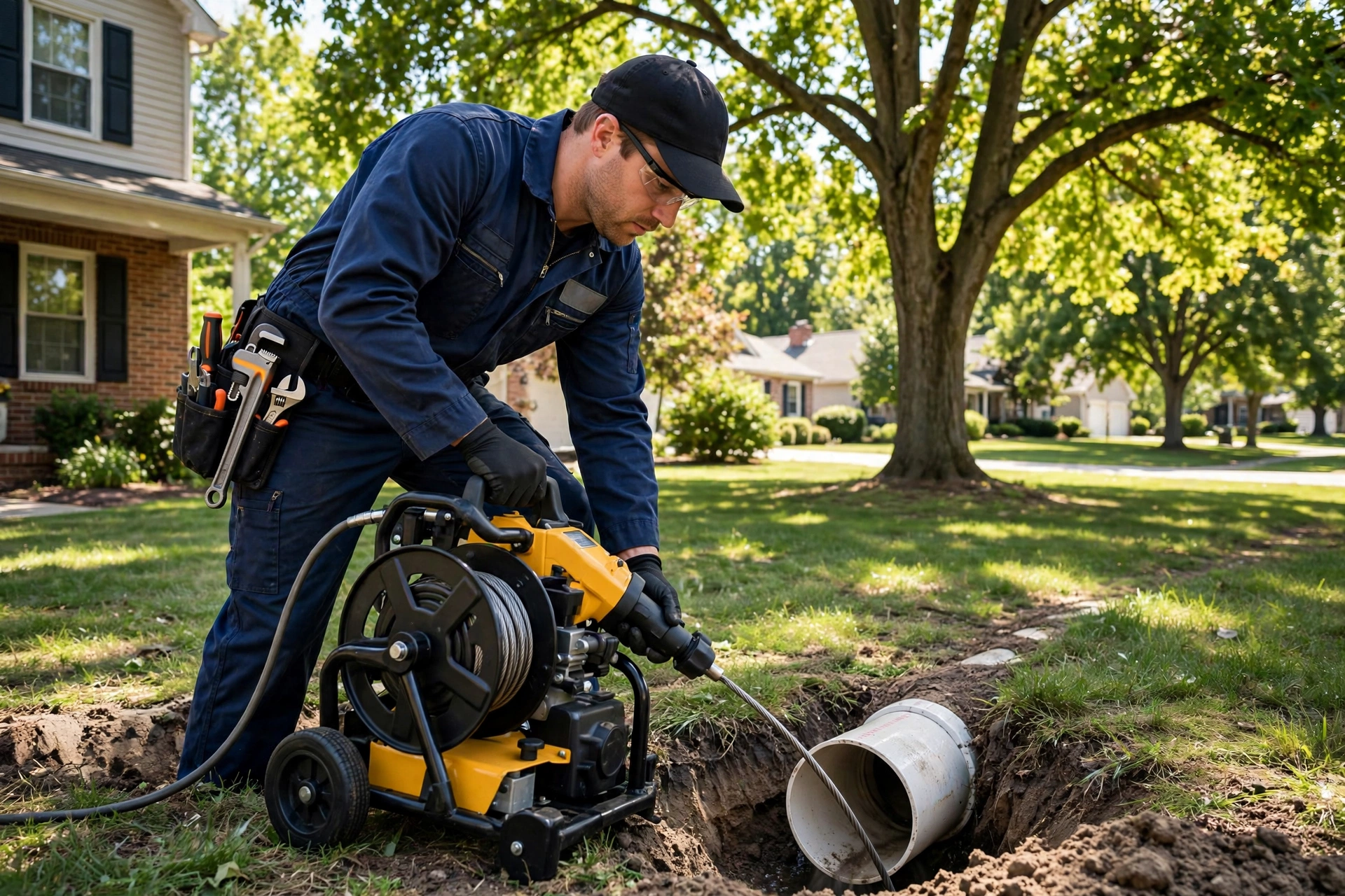 Technician clearing a sewer backup at a Findlay, OH home